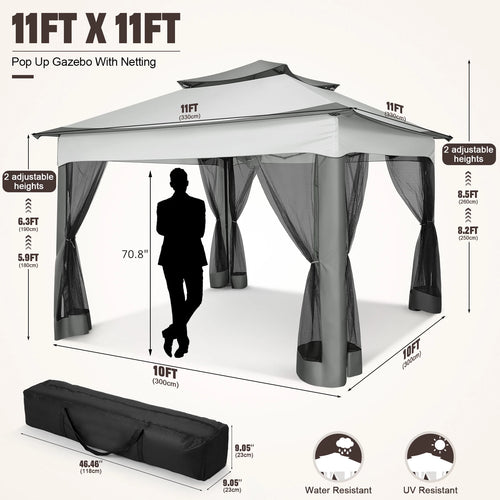 11x11ft Pop Up Gazebo Pavilion With Mosquito Netting