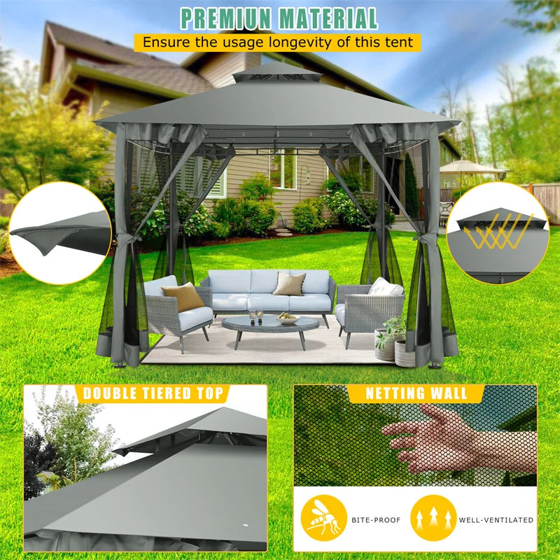 Heavy Duty Gazebo Double Roof with Metal Frame for Patio,