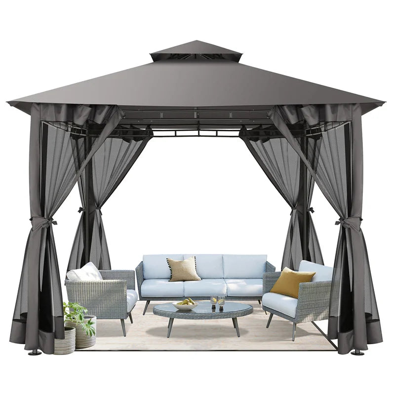 Heavy Duty Gazebo Double Roof with Metal Frame for Patio,