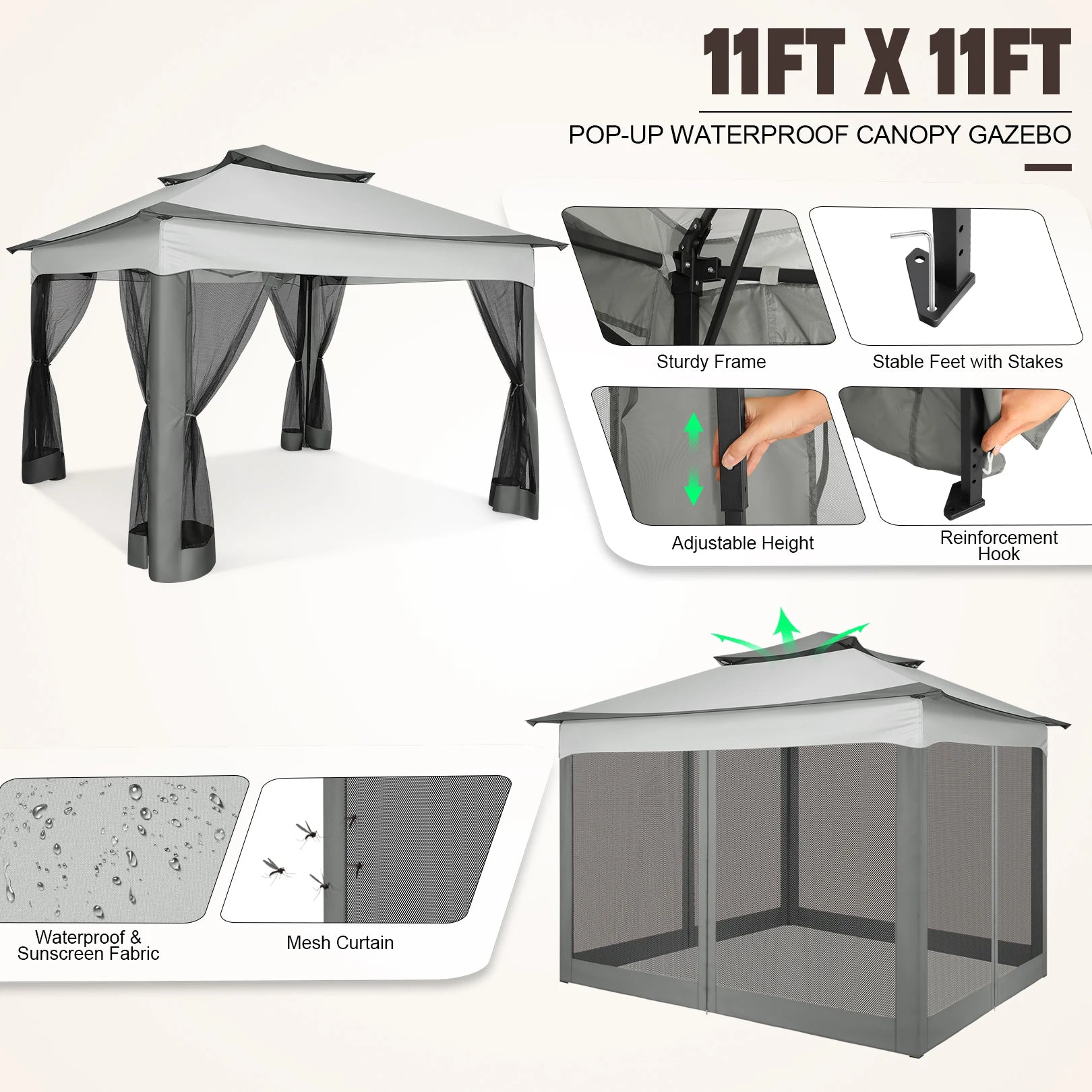11x11ft Pop Up Gazebo Pavilion With Mosquito Netting