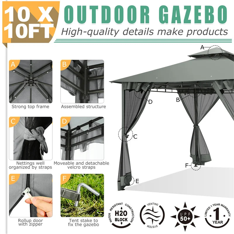 Heavy Duty Gazebo Double Roof with Metal Frame for Patio,