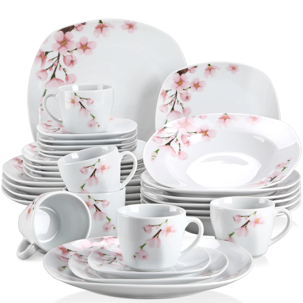 VEWEET ANNIE Pink Floral Porcelain Plate Set