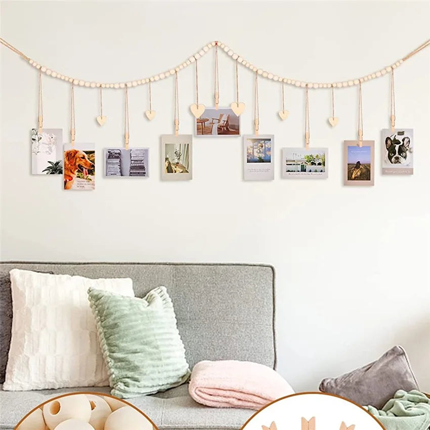 Hanging Photo Display Wooden Bead Garland