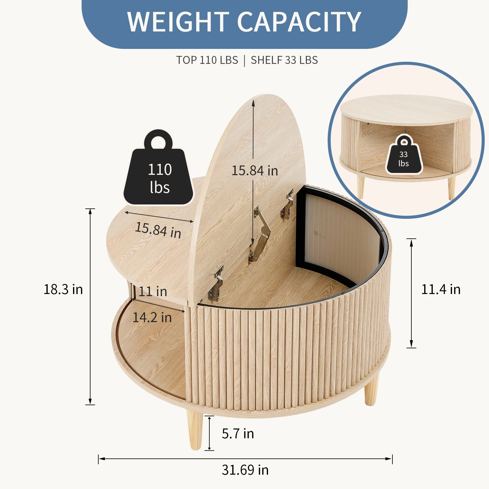 Round Coffee Table with Flip-Top Storage Fluted Center