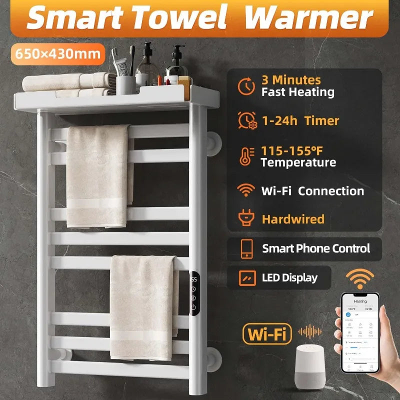 SIOYIE Heated Towel Rack with Shelf 8Bars Wall Mounted Electric Towel Warmer WiFi App Control Timer Adjustable Temperature White