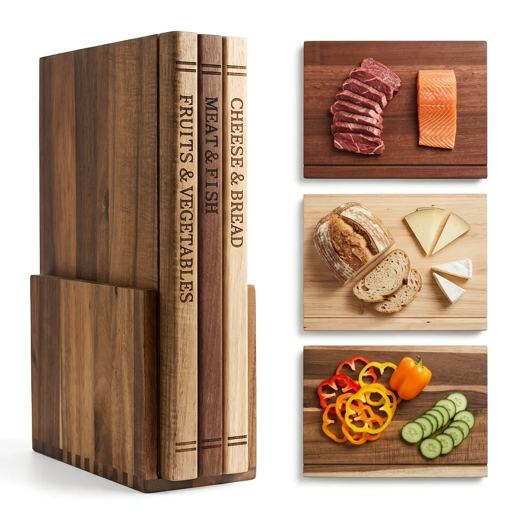 3 pcs Acacia Wood Cutting Board Set with Stand,