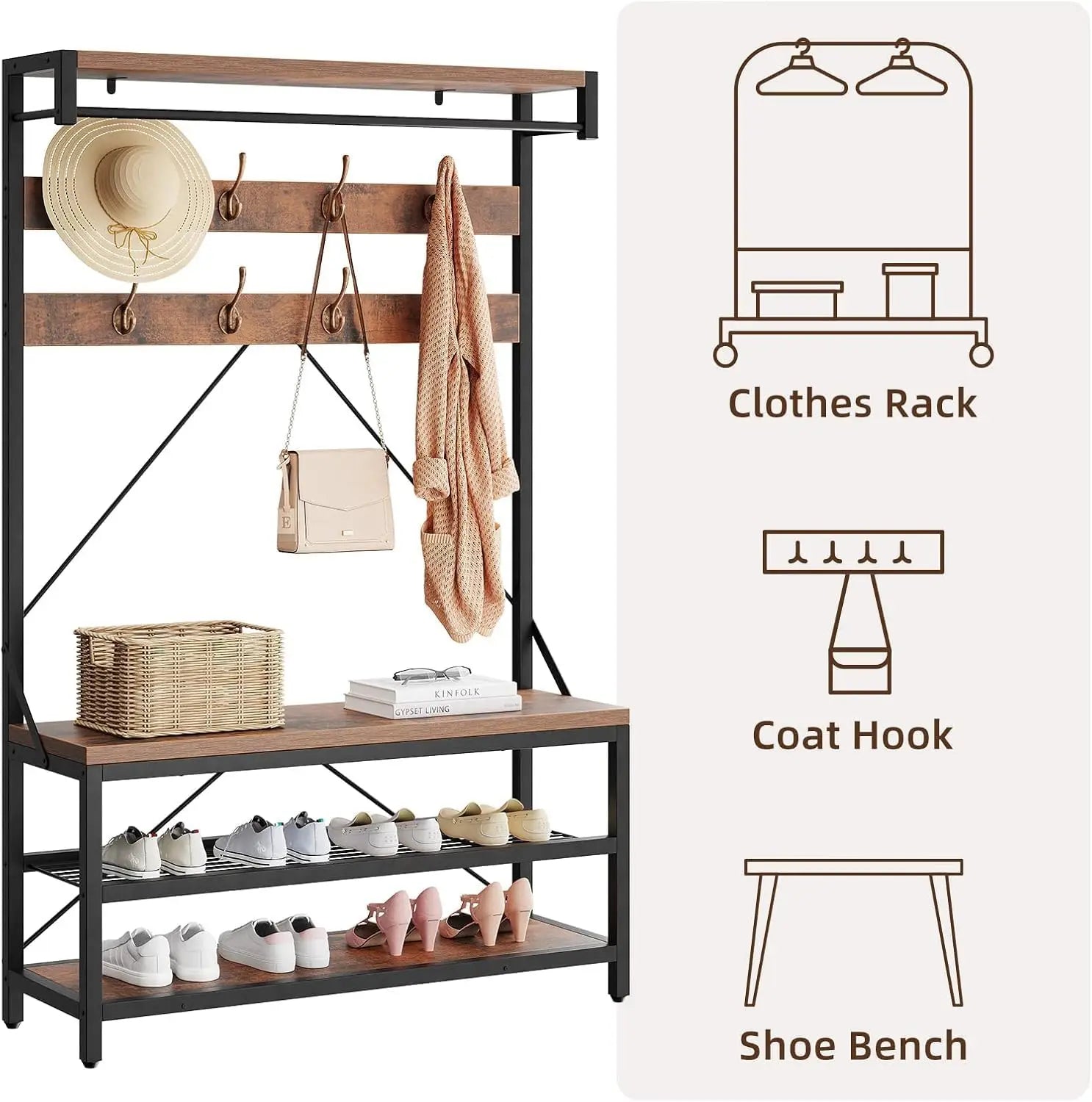 Industrial Hall Tree Coat Rack with Bench & Shoe Storage