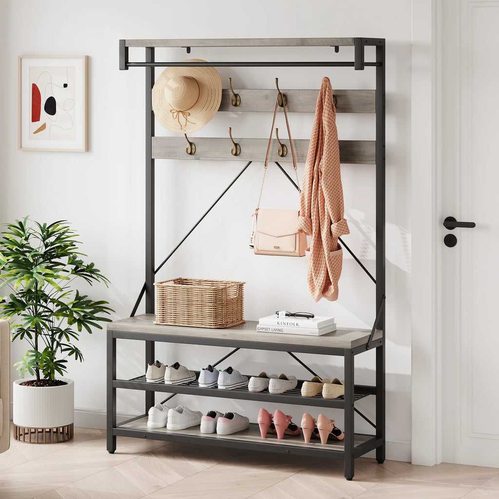 Industrial Hall Tree Coat Rack with Bench & Shoe Storage