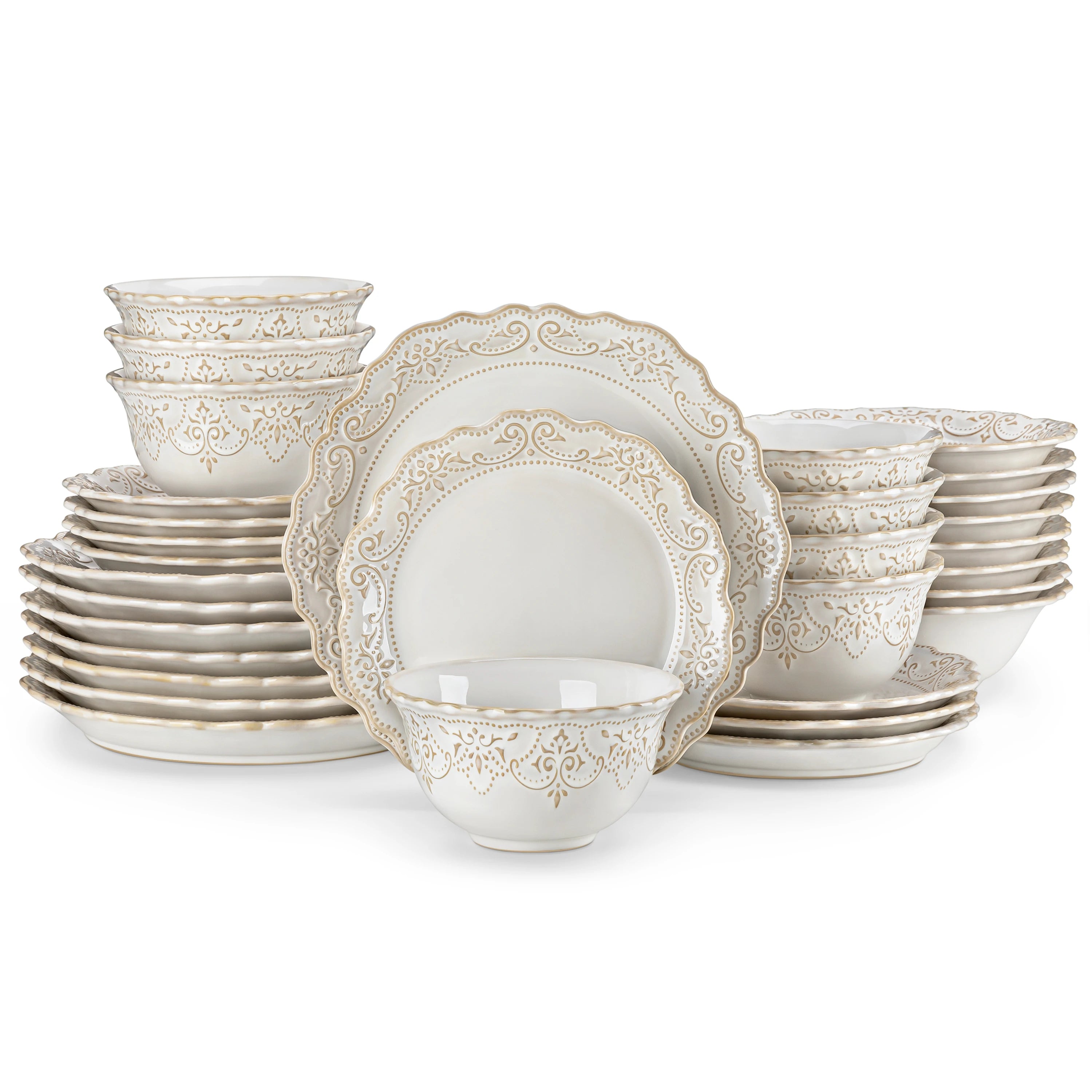 White Relief Stoneware Dinnerware Set
