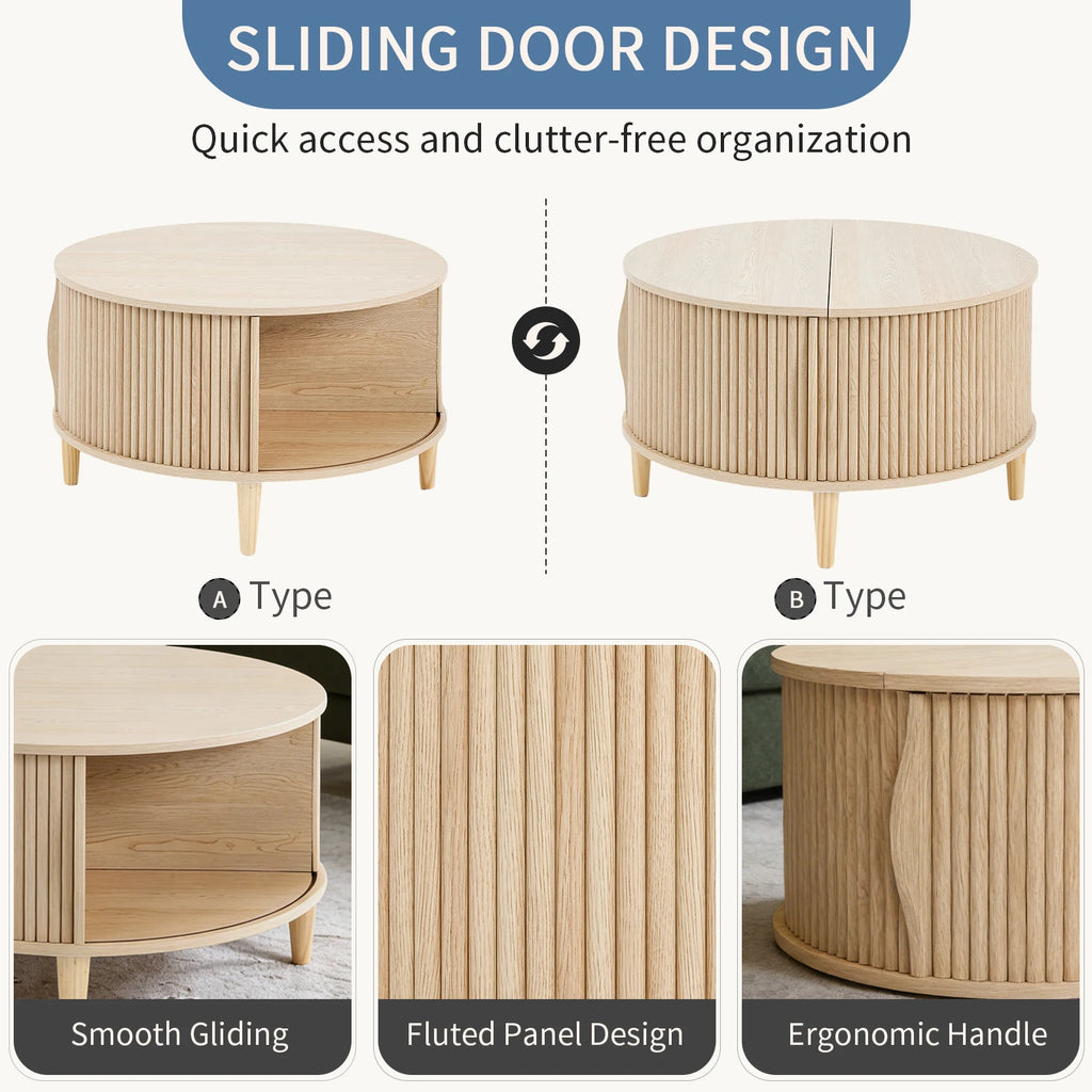 Round Coffee Table with Flip-Top Storage Fluted Center