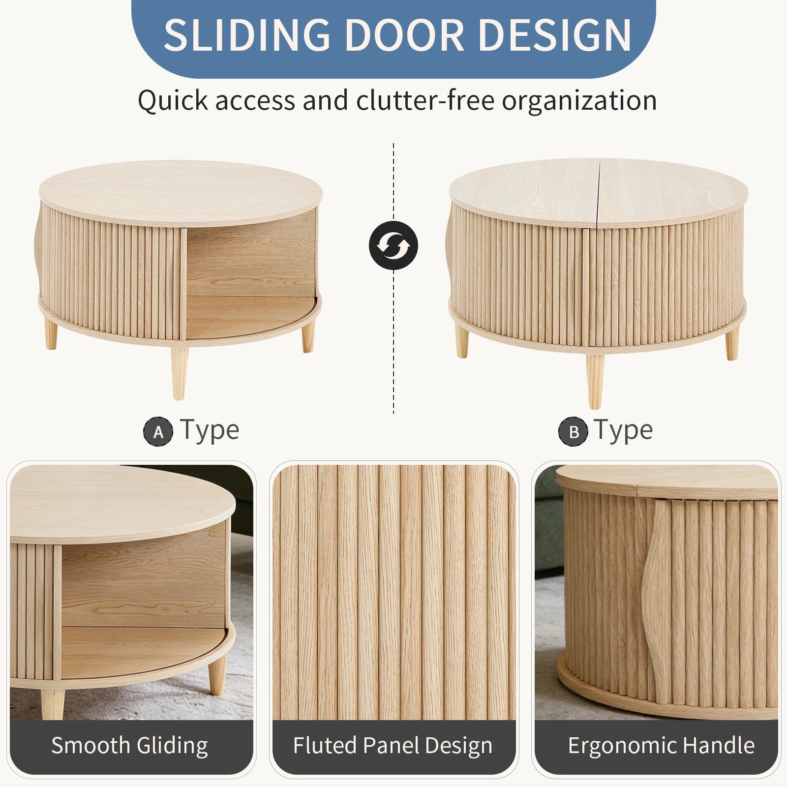 Round Coffee Table with Flip-Top Storage Fluted Center