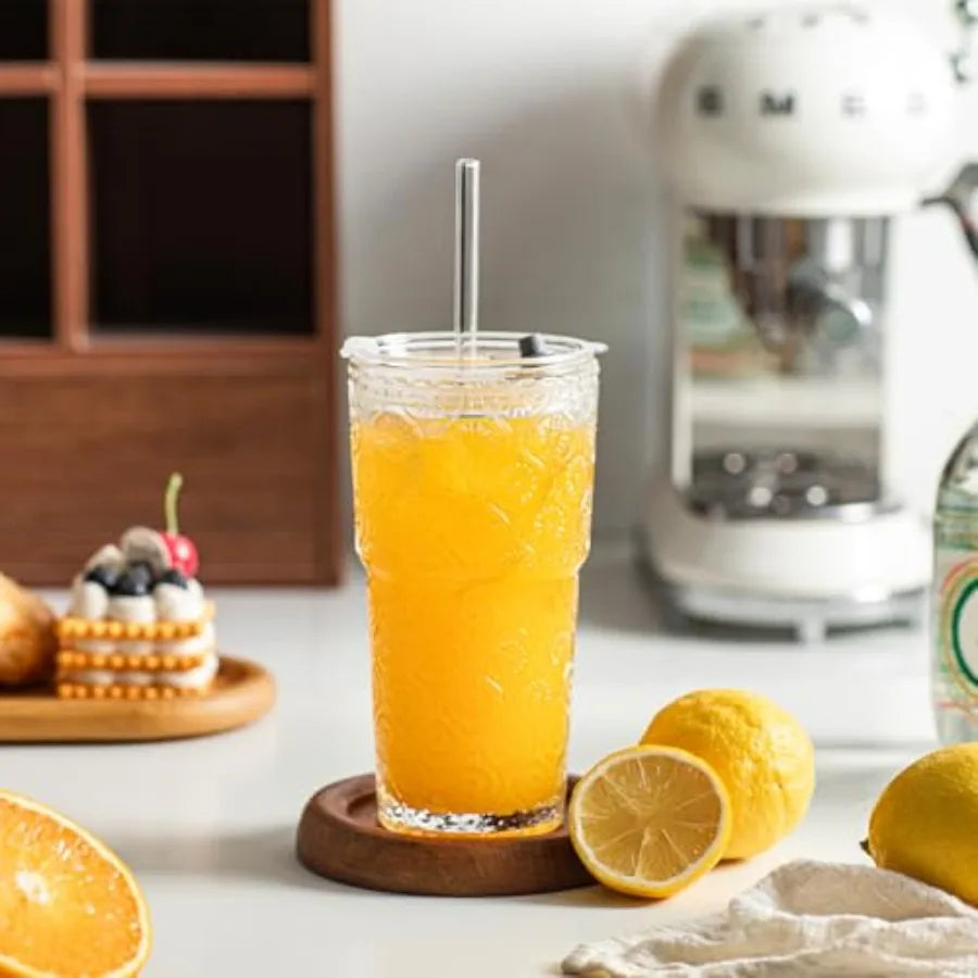 Flower Glass Tumbler Set with Lids and Glass Straws