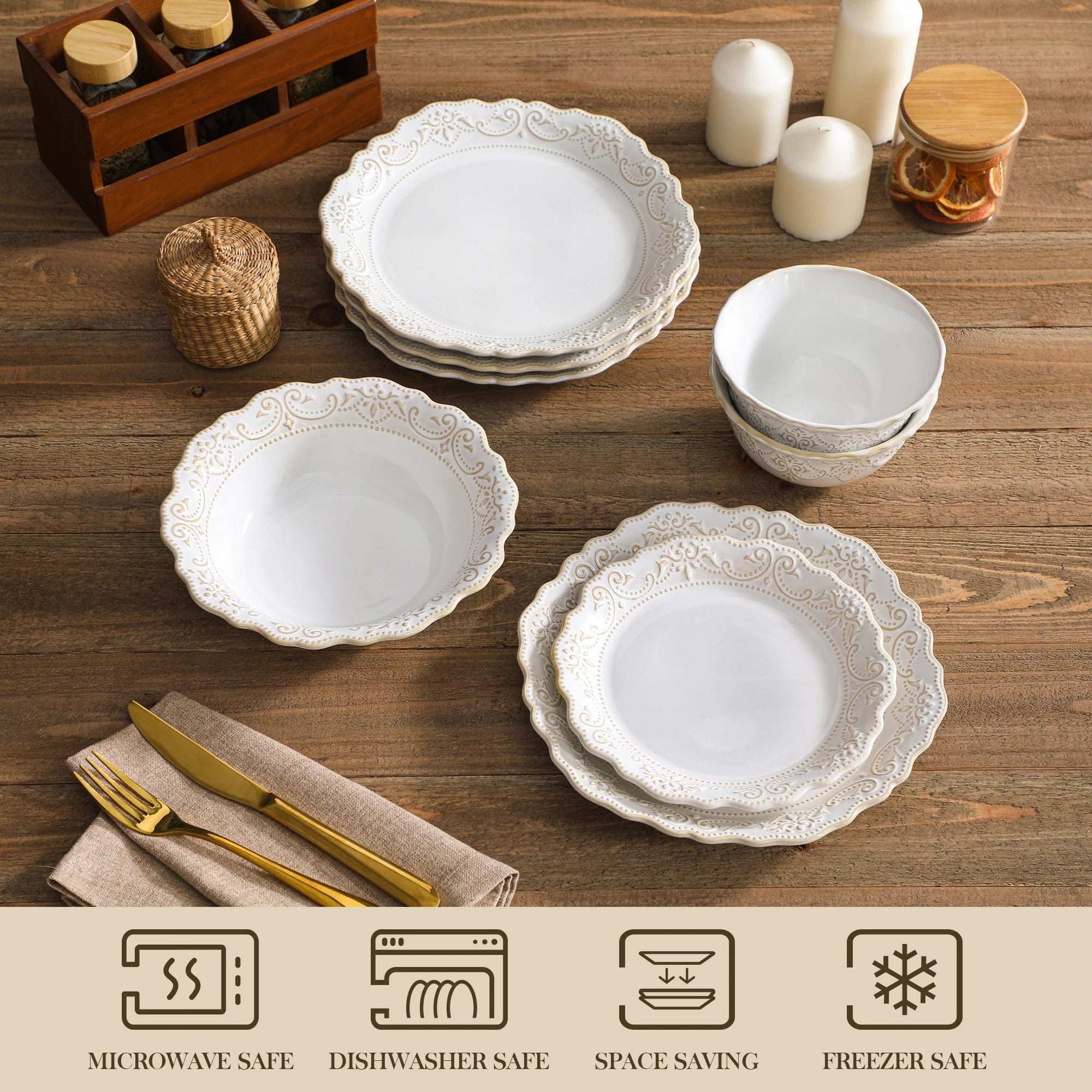 White Relief Stoneware Dinnerware Set