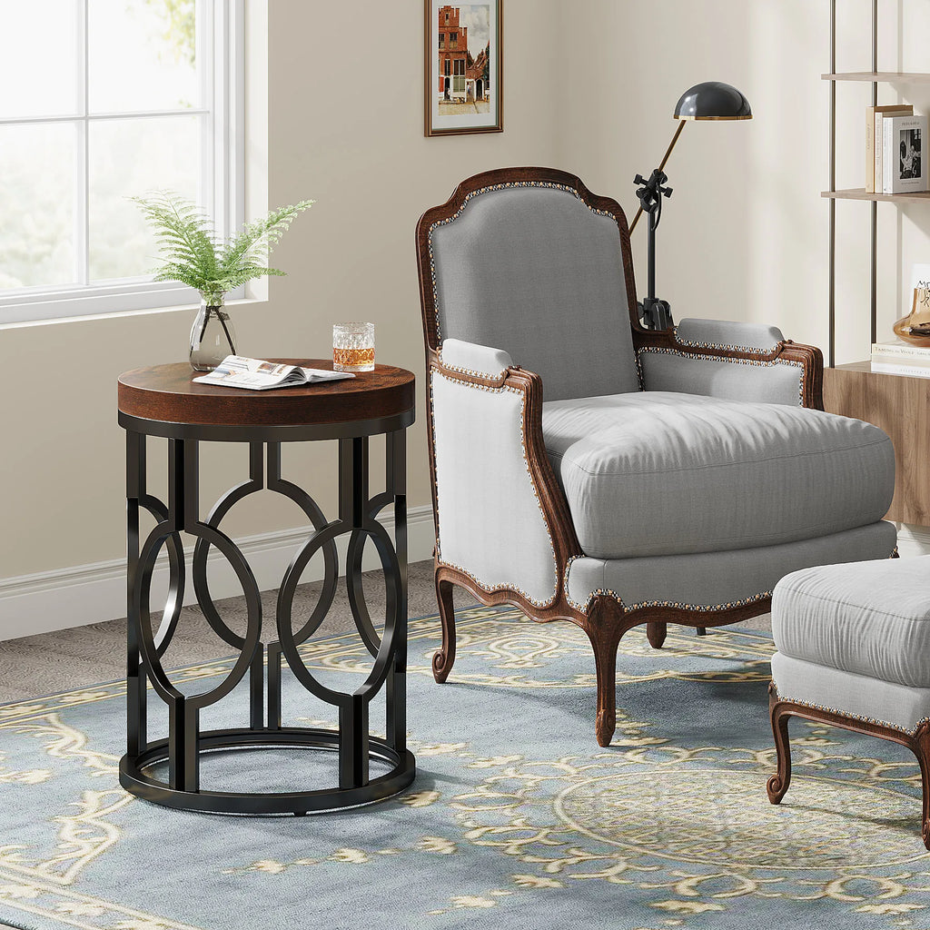 Industrial  Round Side Table with Metal Hollow Frame