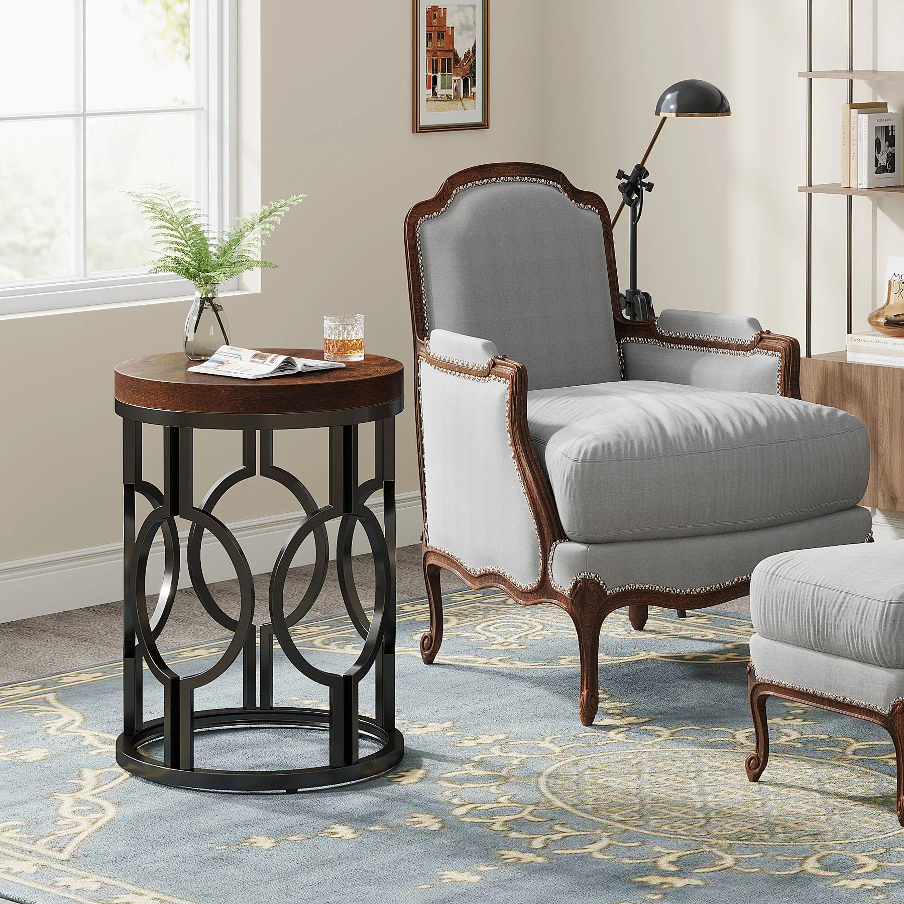 Industrial  Round Side Table with Metal Hollow Frame
