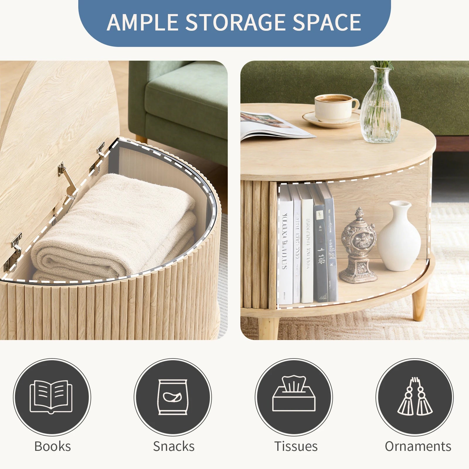 Round Coffee Table with Flip-Top Storage Fluted Center