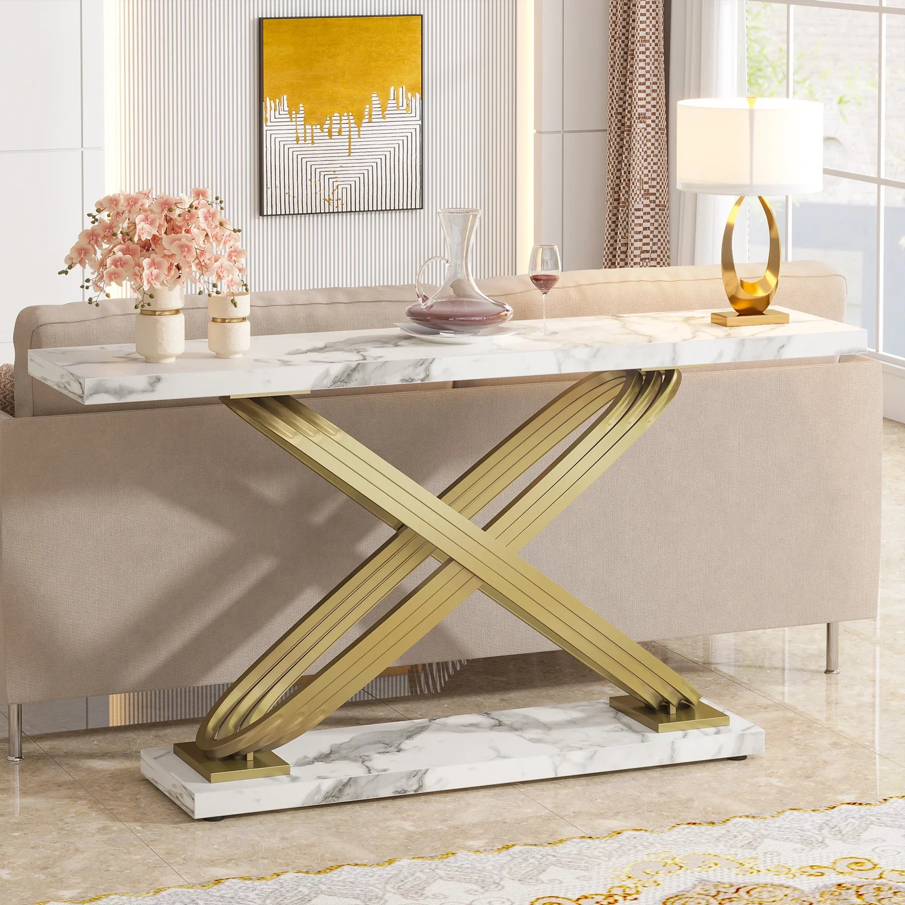 55 Inch Modern Faux Marble & Gold  Console Table,