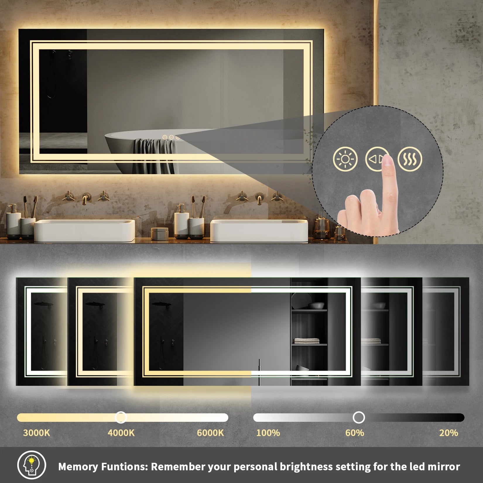 LED Bathroom Mirror with Lights, Anti-Fog,
