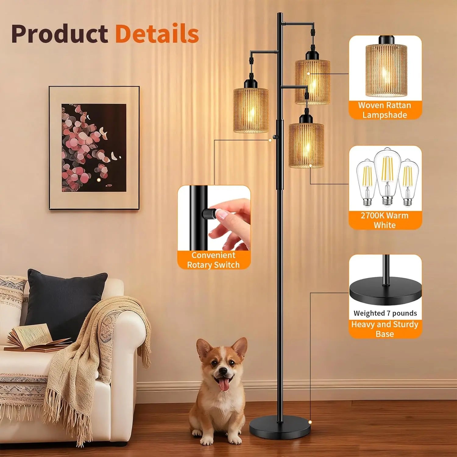 Rattan Boho Floor Lamp For Living Room