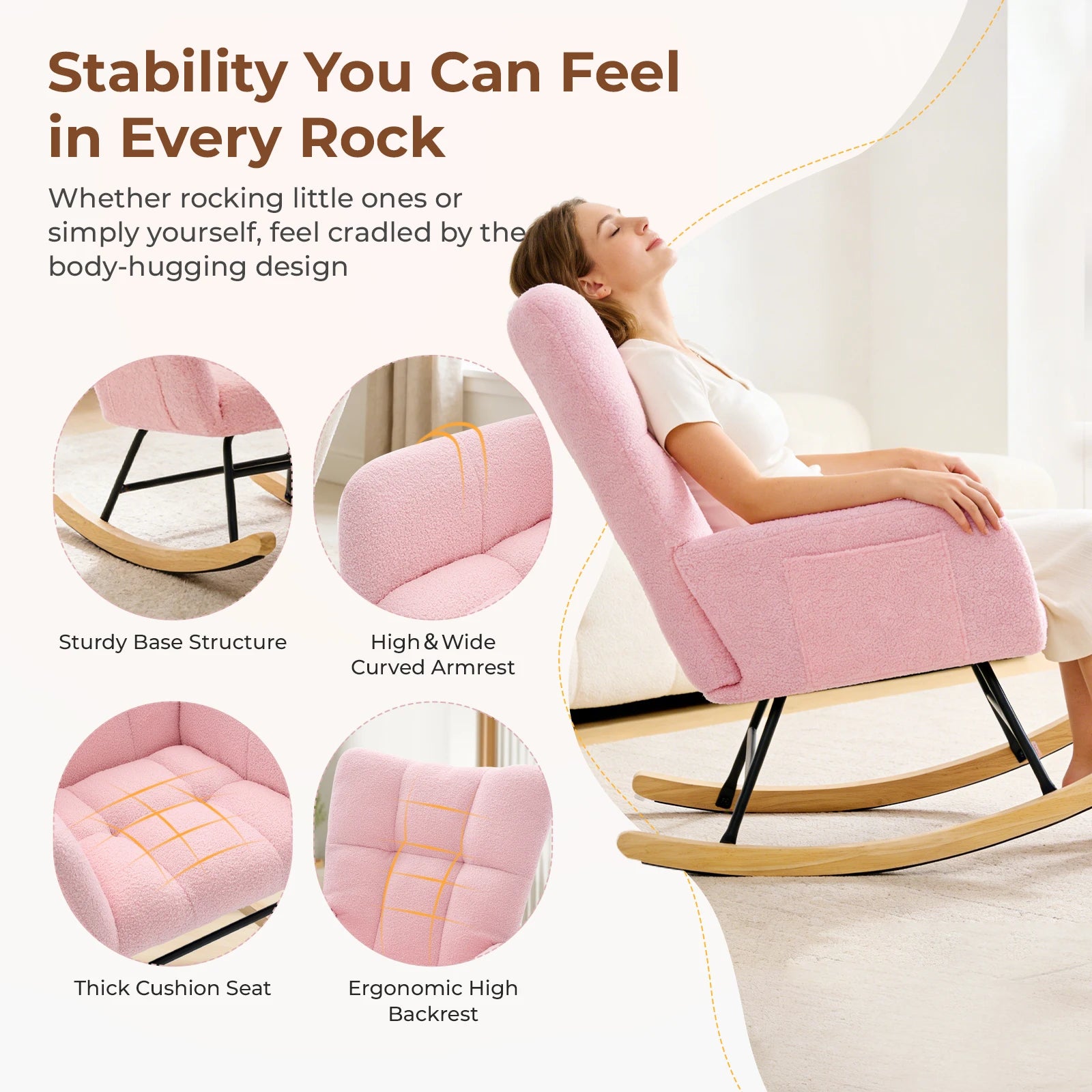 Upholstered  Rocking Chair with High Backrest Armchair