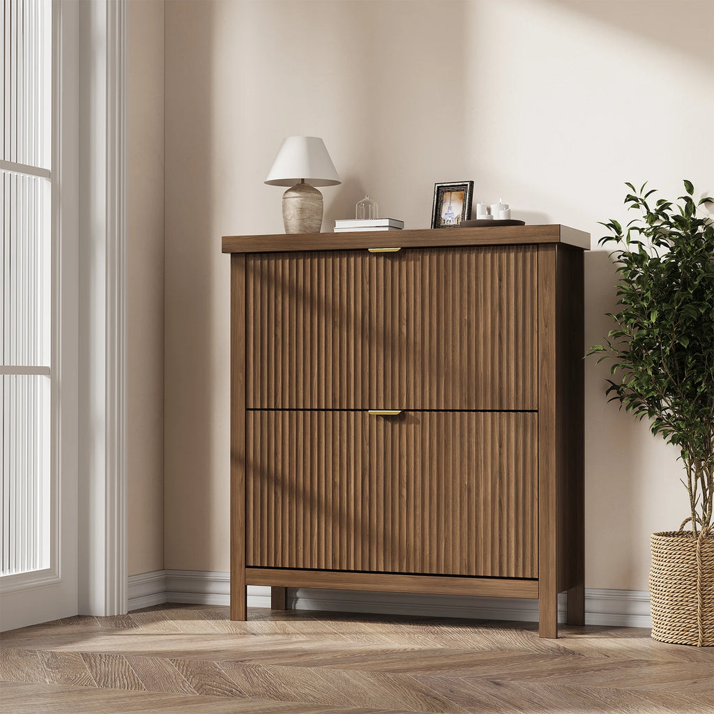 Fluted Shoe Cabinet with 2 Flip Drawers for Entryway,