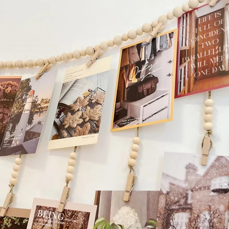 Hanging Photo Display Wooden Bead Garland