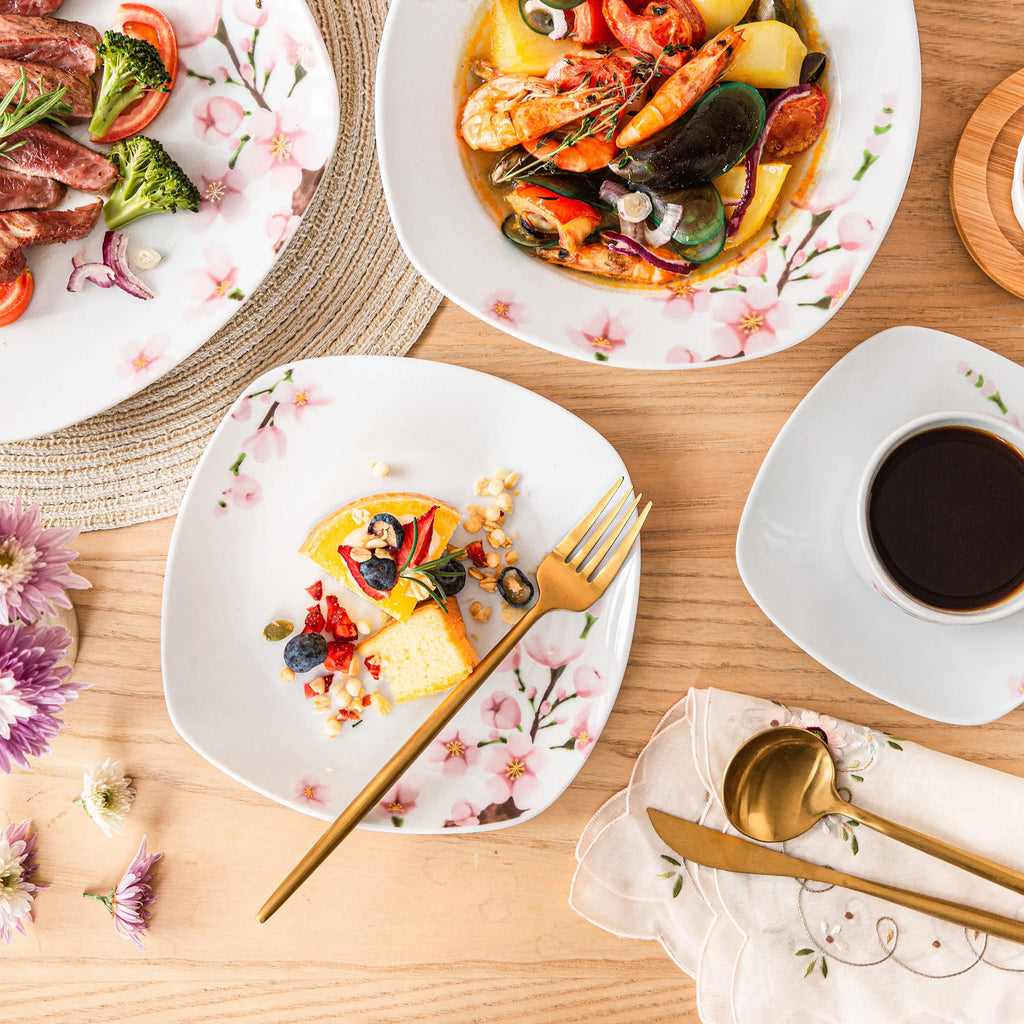 VEWEET ANNIE Pink Floral Porcelain Plate Set