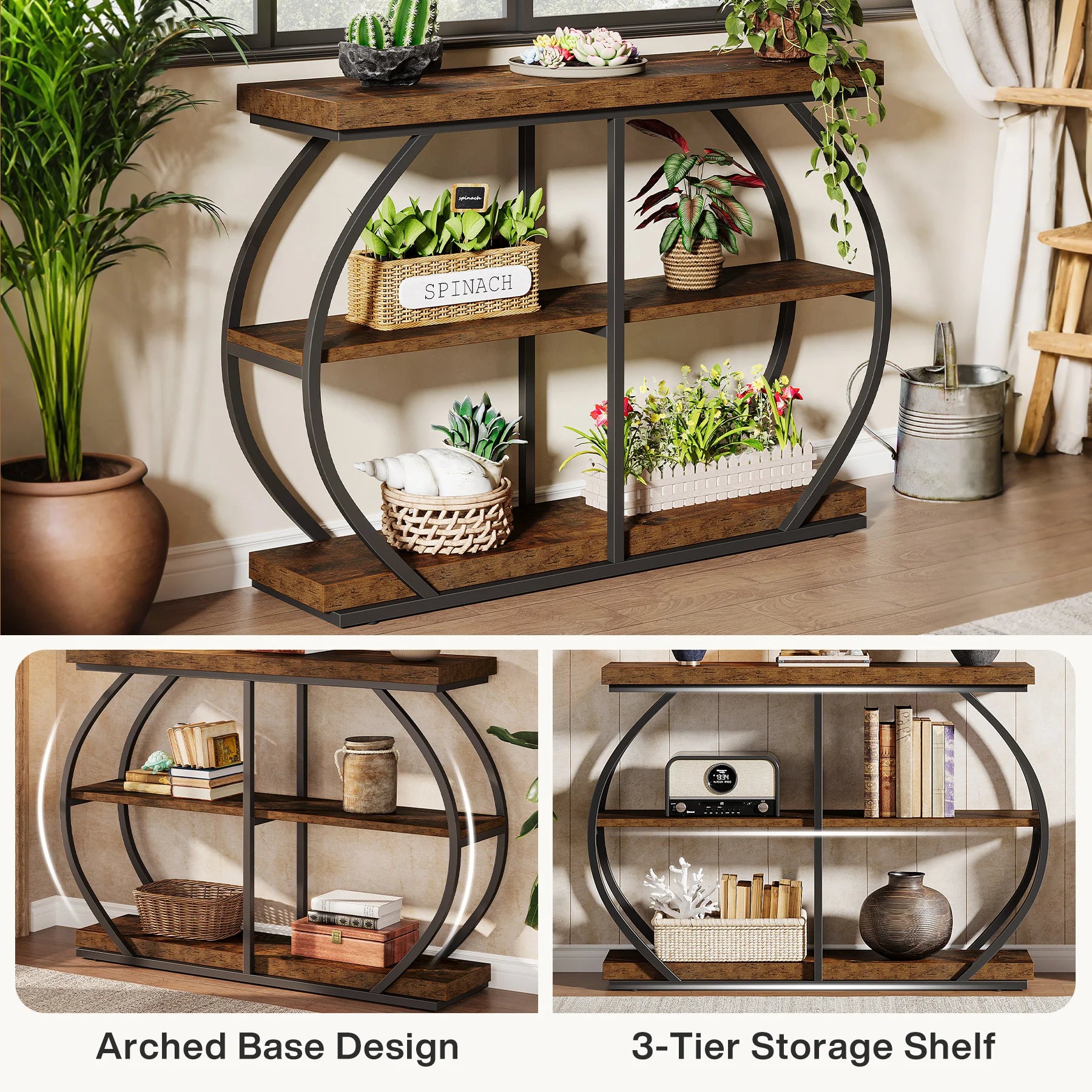 Industrial 3-Tier Arched metal Frame Console Table