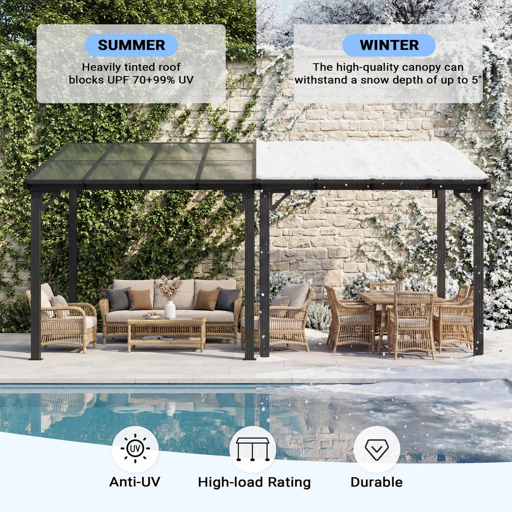 Polar Aurora Gazebo, Wall-Mounted Gazebo with Aluminum Frame & Polycarbonate Roof, Hardtop Pergola, Awnings for Patio, Backyard