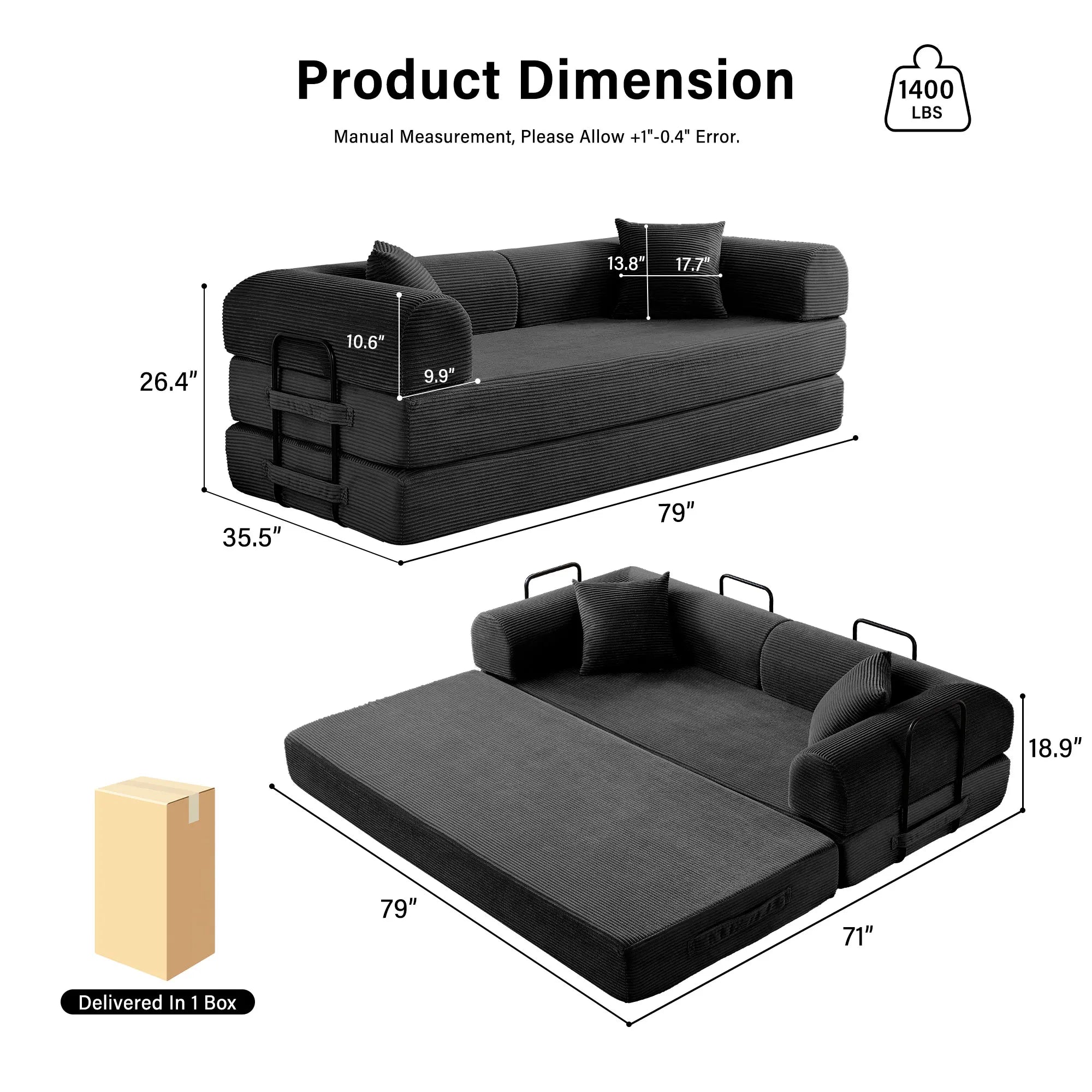 79''  Foldable Convertible Futon Sleeper Sofa Bed