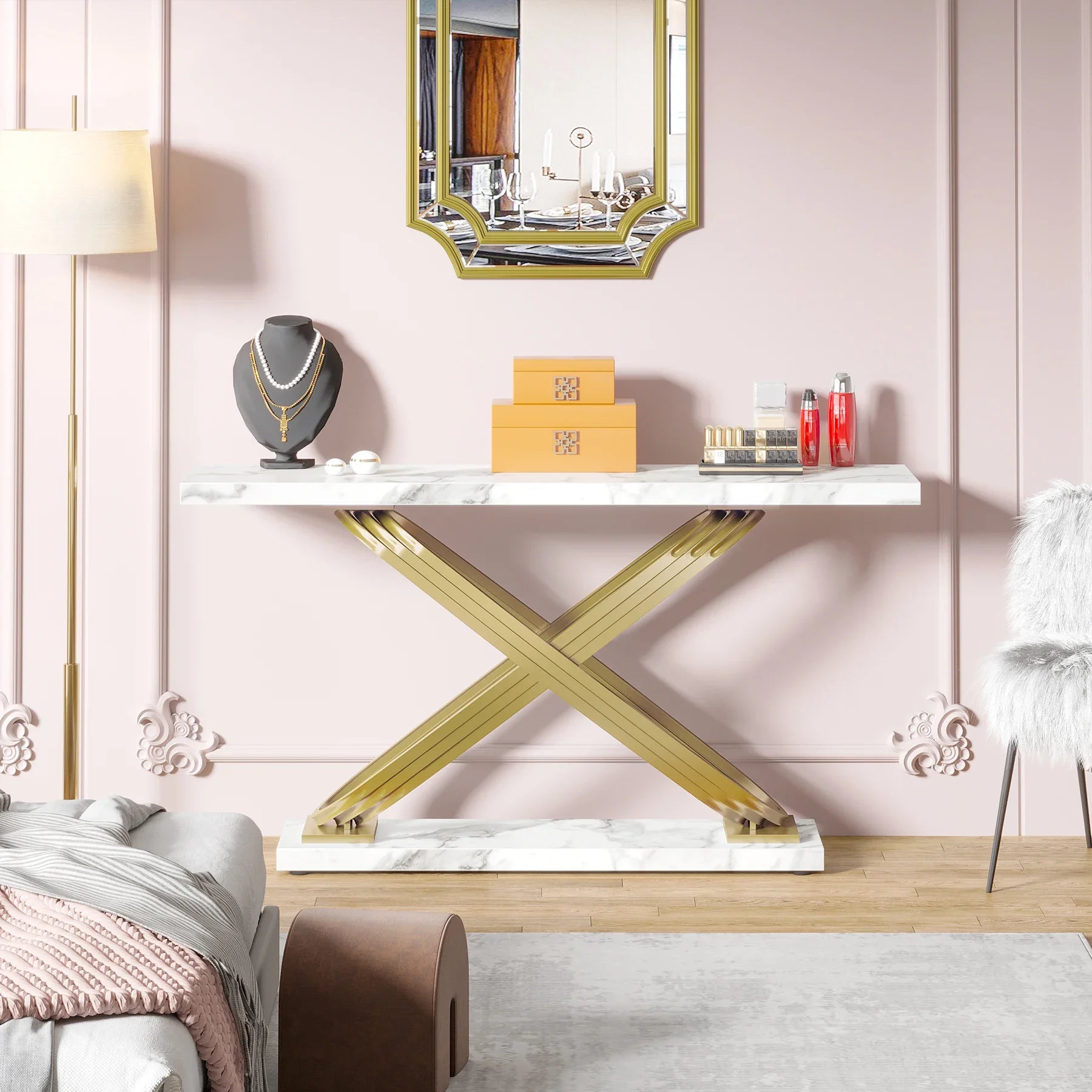 55 Inch Modern Faux Marble & Gold  Console Table,
