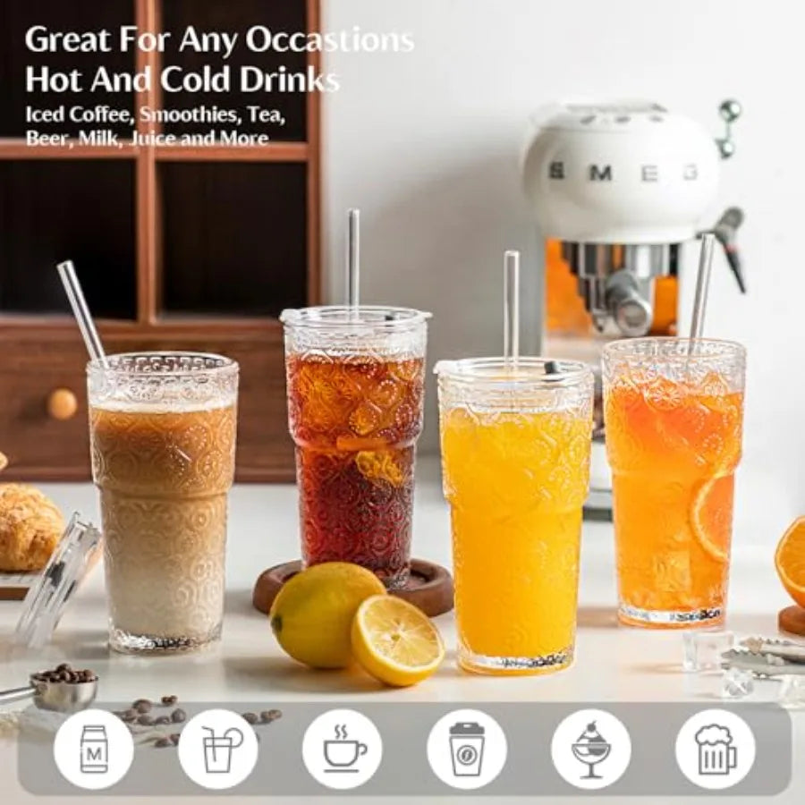 Flower Glass Tumbler Set with Lids and Glass Straws