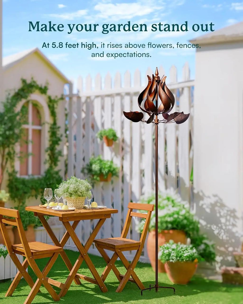 Large Tulip Metal Wind Spinner for Garden Decor, 24"W x 75"H with Stake - Outdoor Yard Lawn Ornament