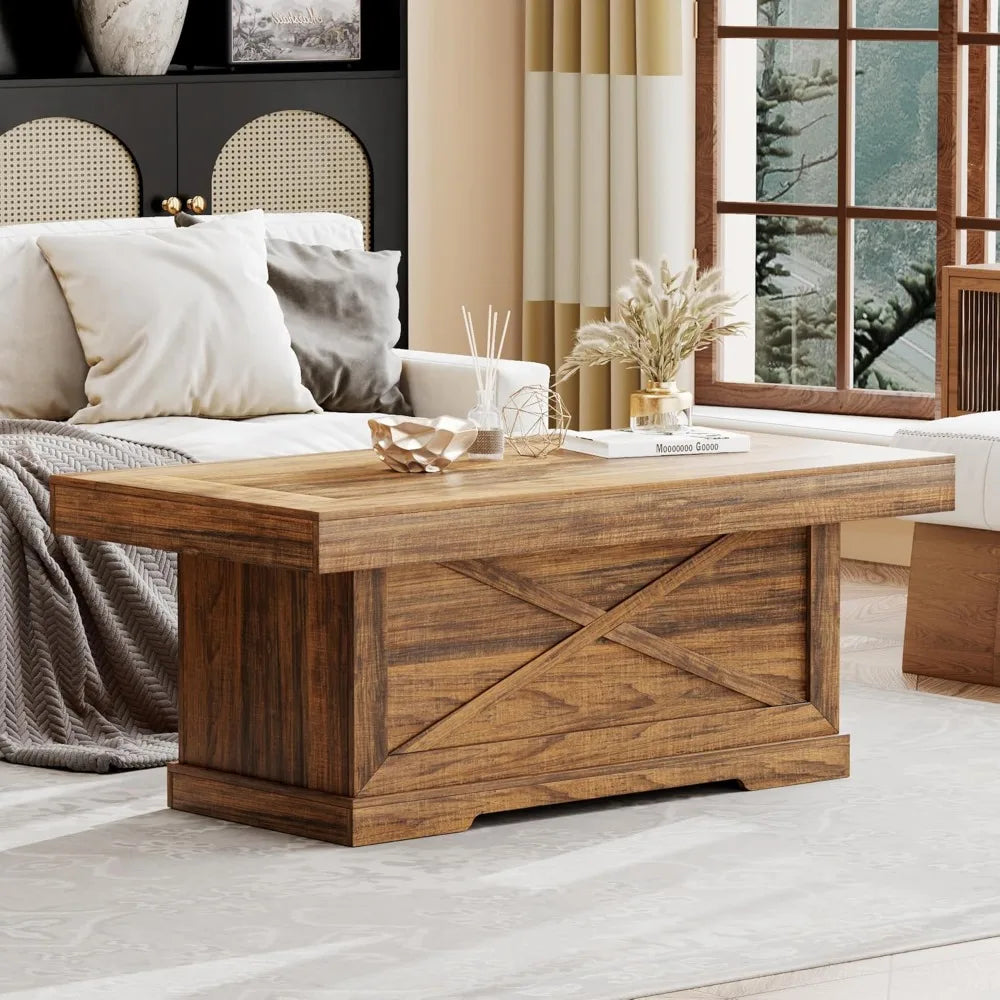 Rustic Wooden Pedestal  Center Table with X-Design