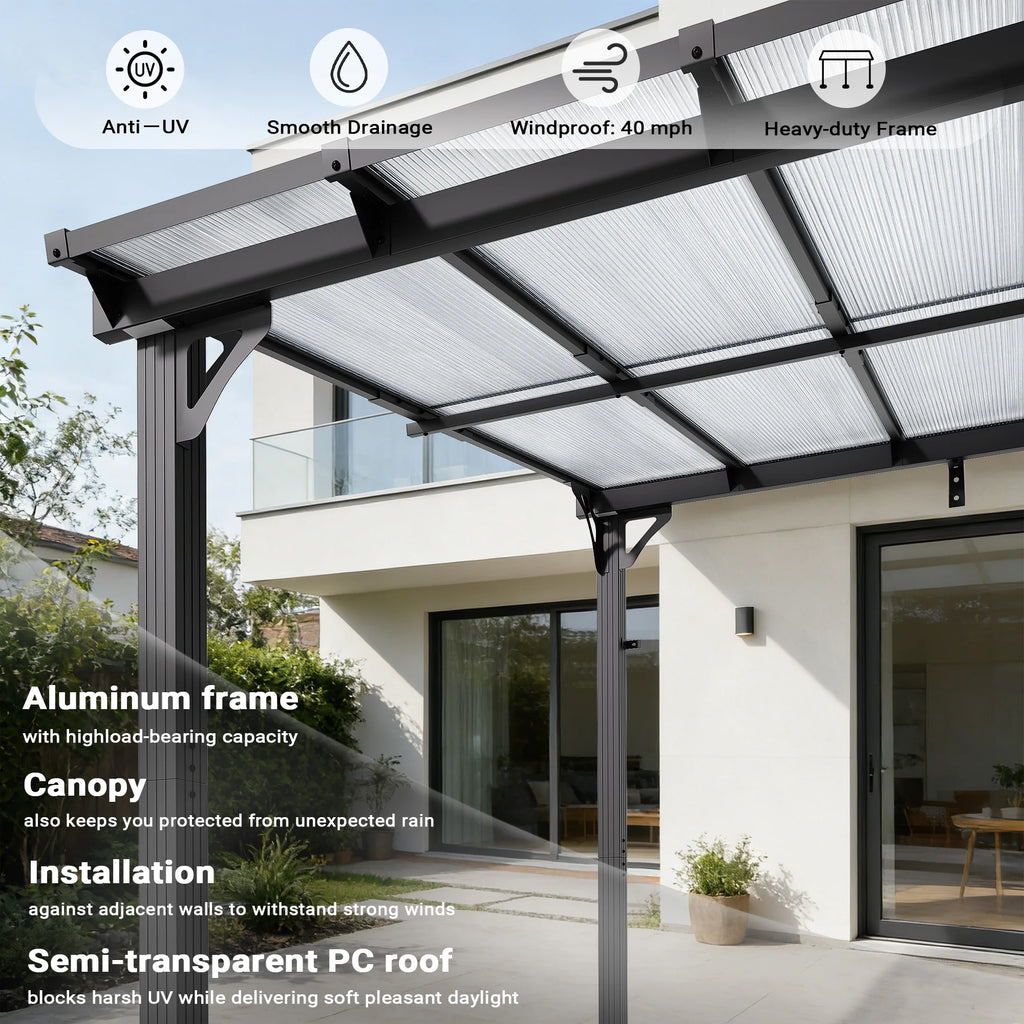 Polar Aurora Gazebo, Wall-Mounted Gazebo with Aluminum Frame & Polycarbonate Roof, Hardtop Pergola, Awnings for Patio, Backyard