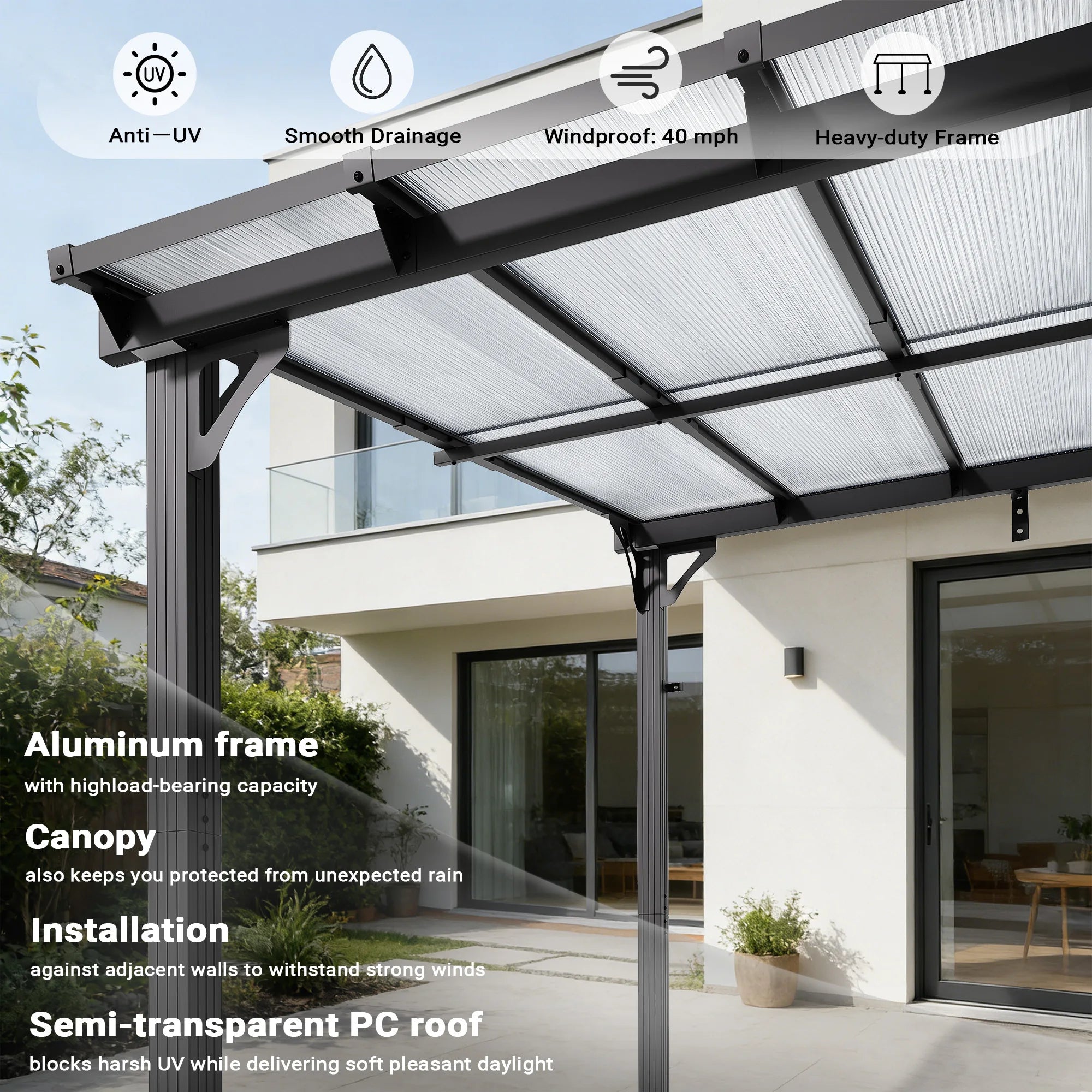 Polar Aurora Gazebo, Wall-Mounted Gazebo with Aluminum Frame & Polycarbonate Roof, Hardtop Pergola, Awnings for Patio, Backyard
