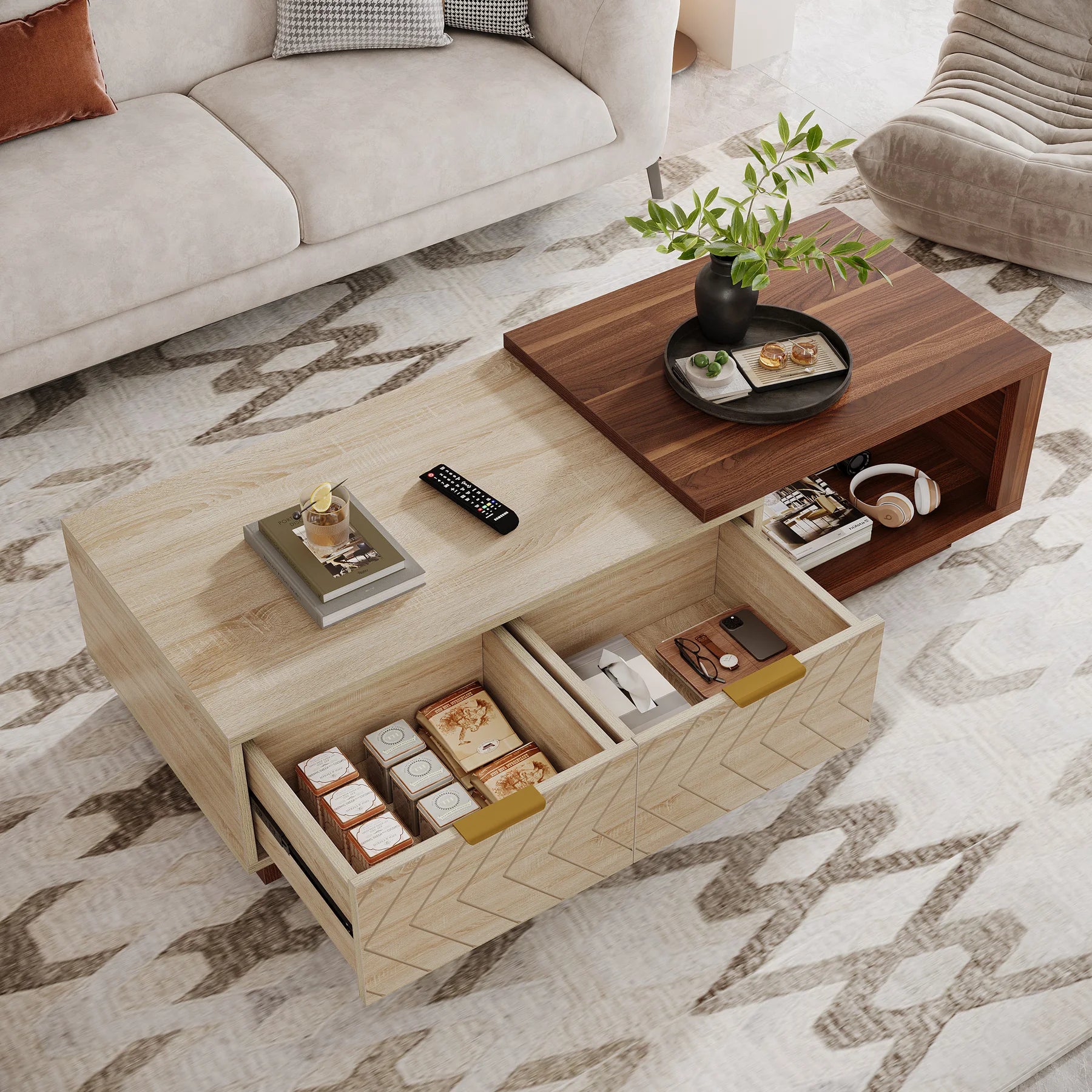 Extendable Coffee Table, 42"-65" Length Adjustable  with  Storage