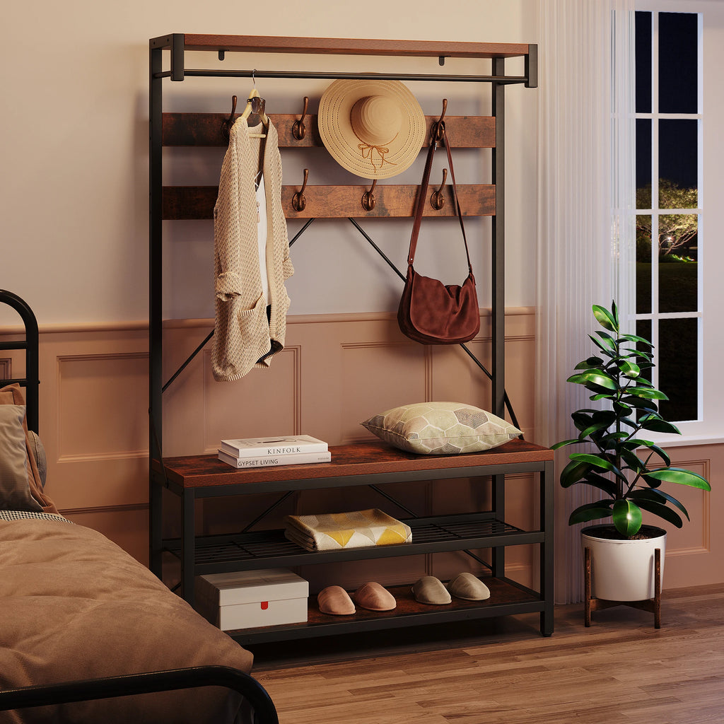 Industrial Hall Tree Coat Rack with Bench & Shoe Storage