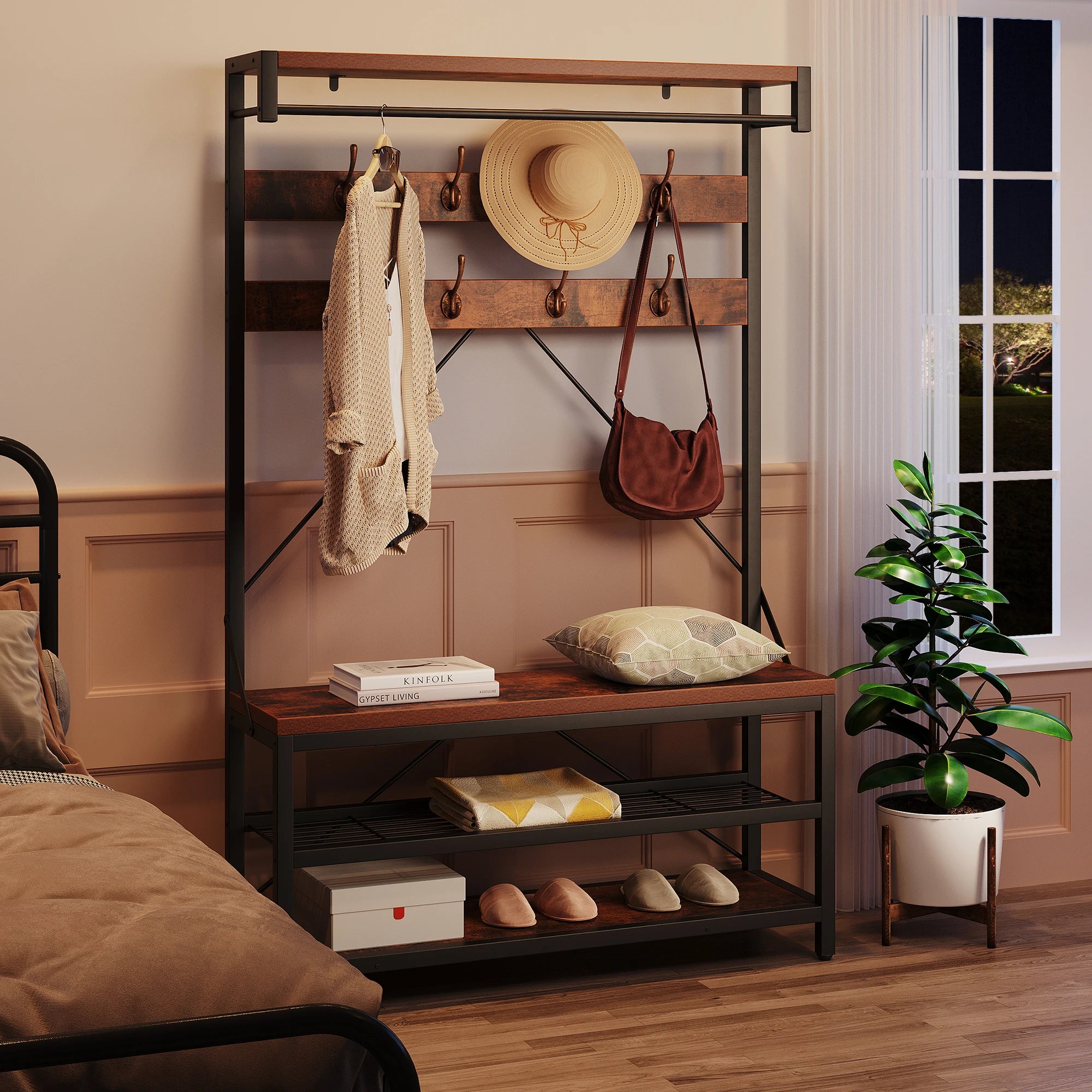 Industrial Hall Tree Coat Rack with Bench & Shoe Storage
