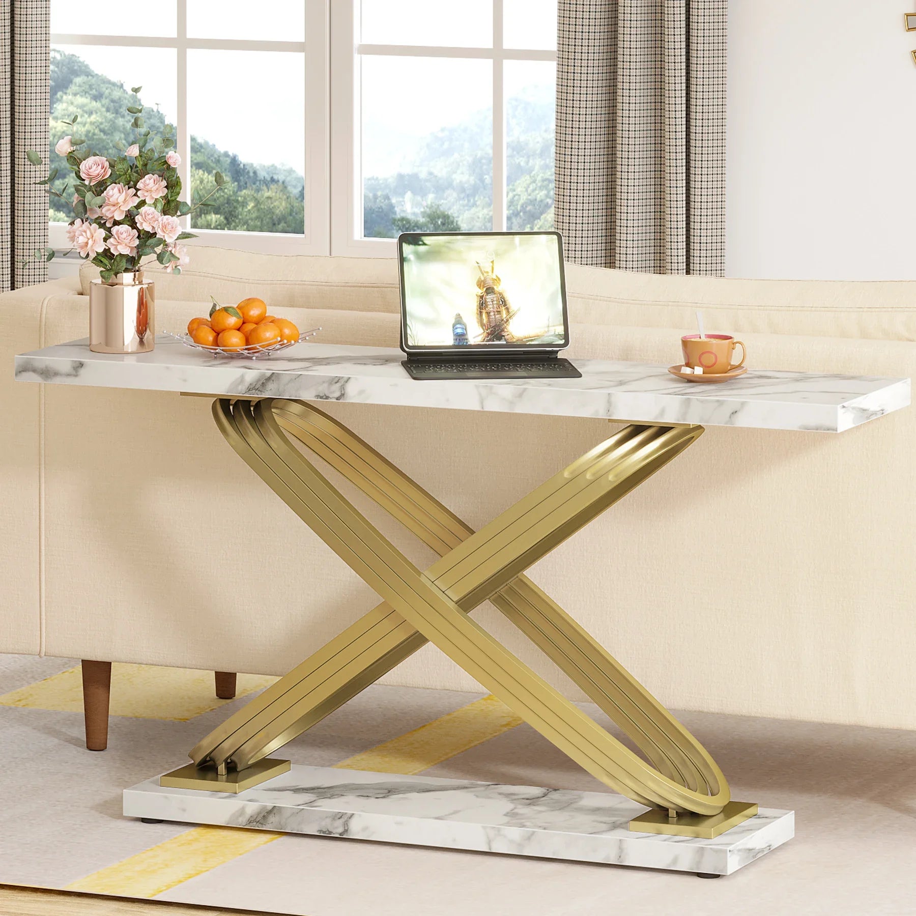 55 Inch Modern Faux Marble & Gold  Console Table,