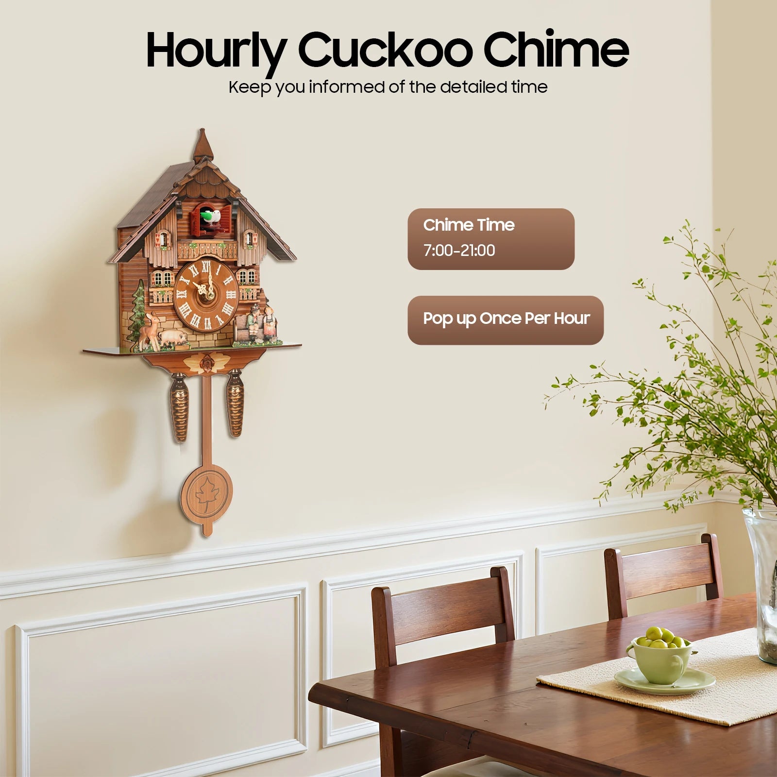 Vintage Cuckoo Wall Clock with Bird Chime,