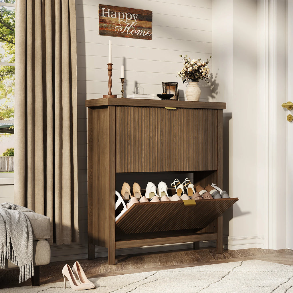 Fluted Shoe Cabinet with 2 Flip Drawers for Entryway,