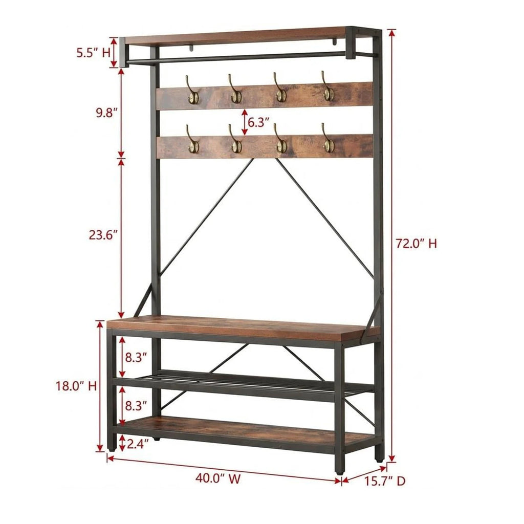 Industrial Hall Tree Coat Rack with Bench & Shoe Storage