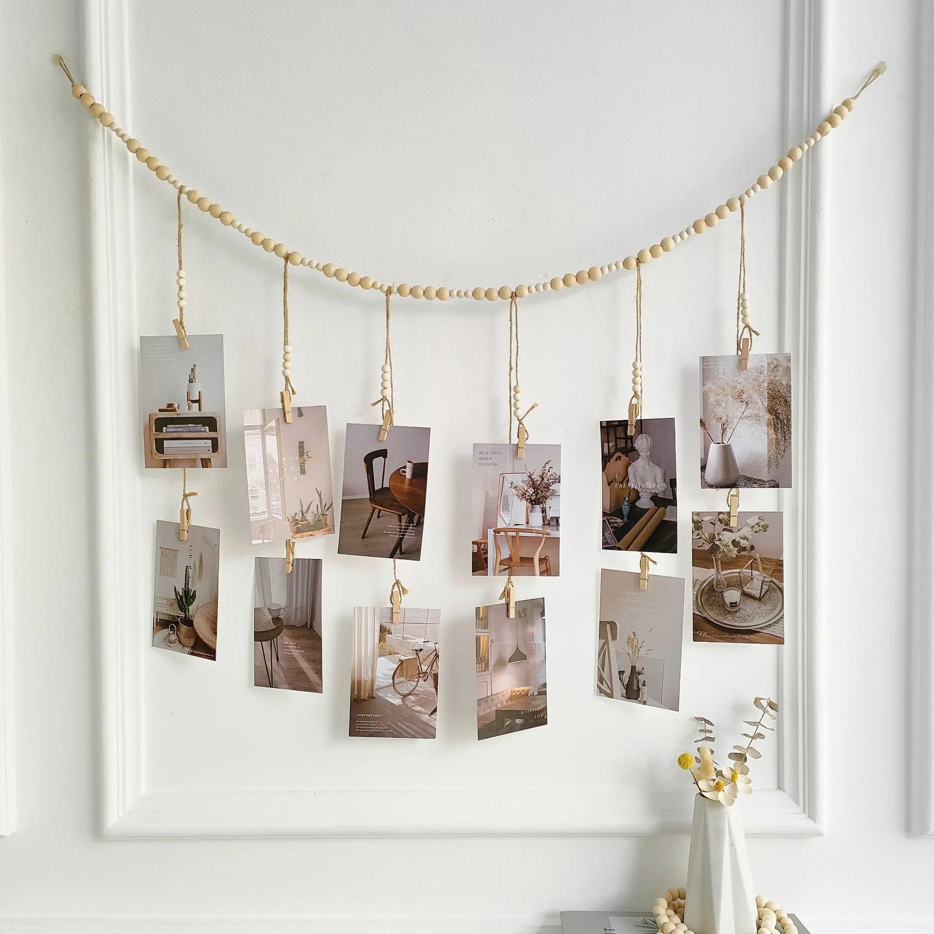 Hanging Photo Display Wooden Bead Garland