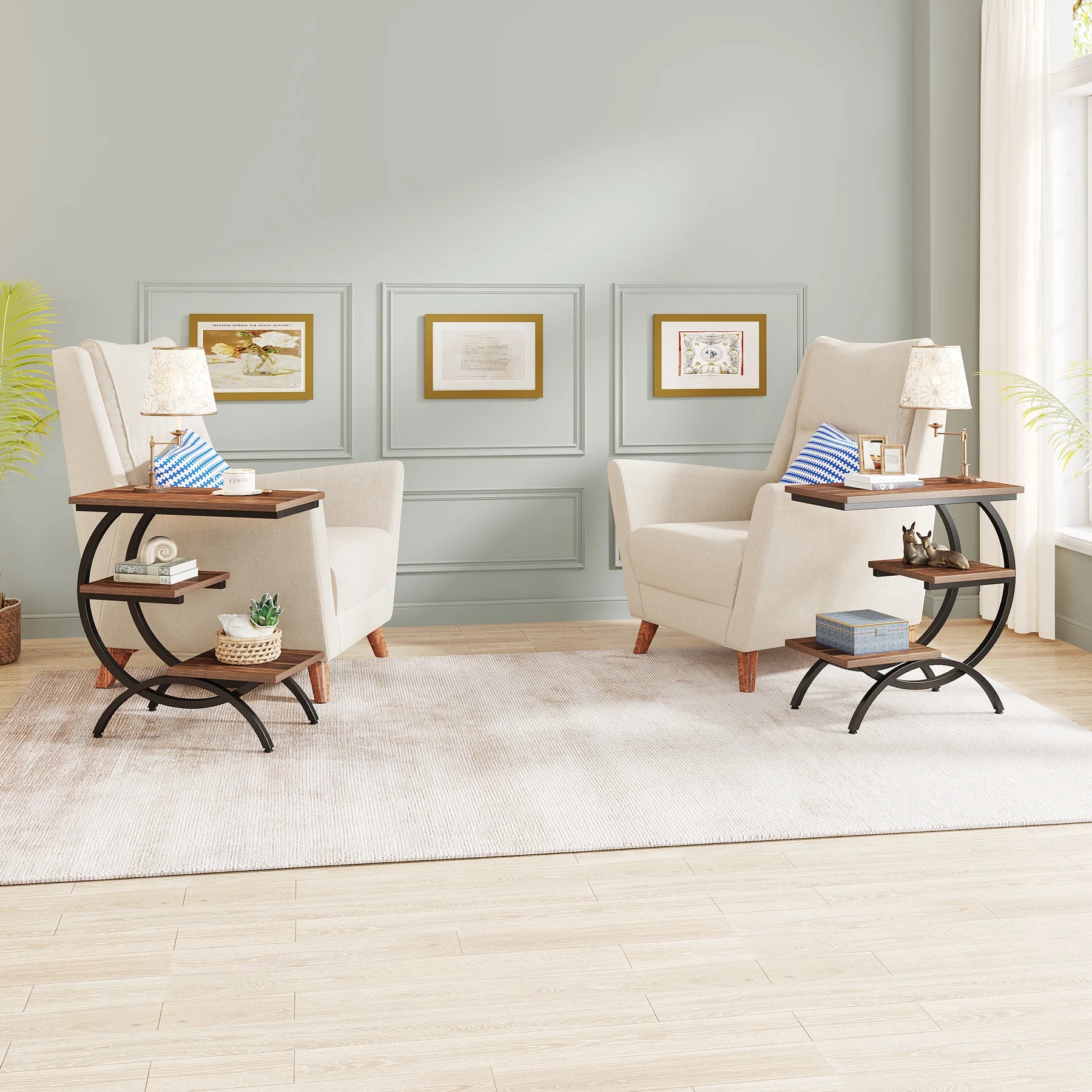 Industrial 3-tier C-Shaped End Table