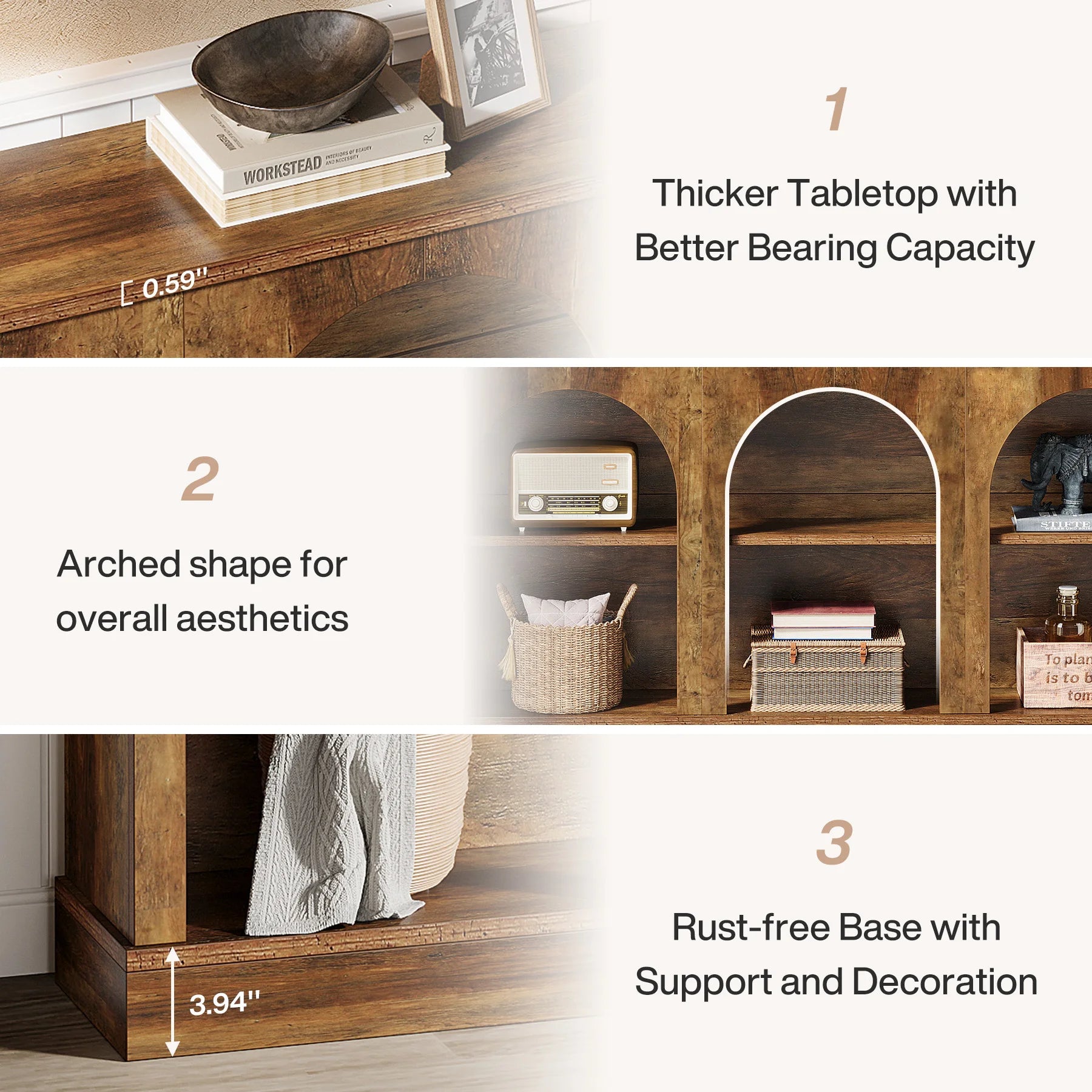 3 Tier Farmhouse Console Table, 63-Inch Long