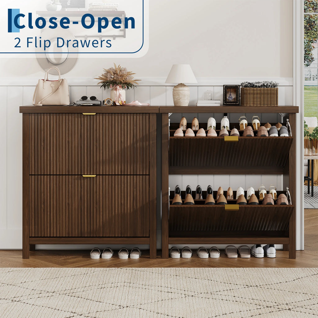 Fluted Shoe Cabinet with 2 Flip Drawers for Entryway,