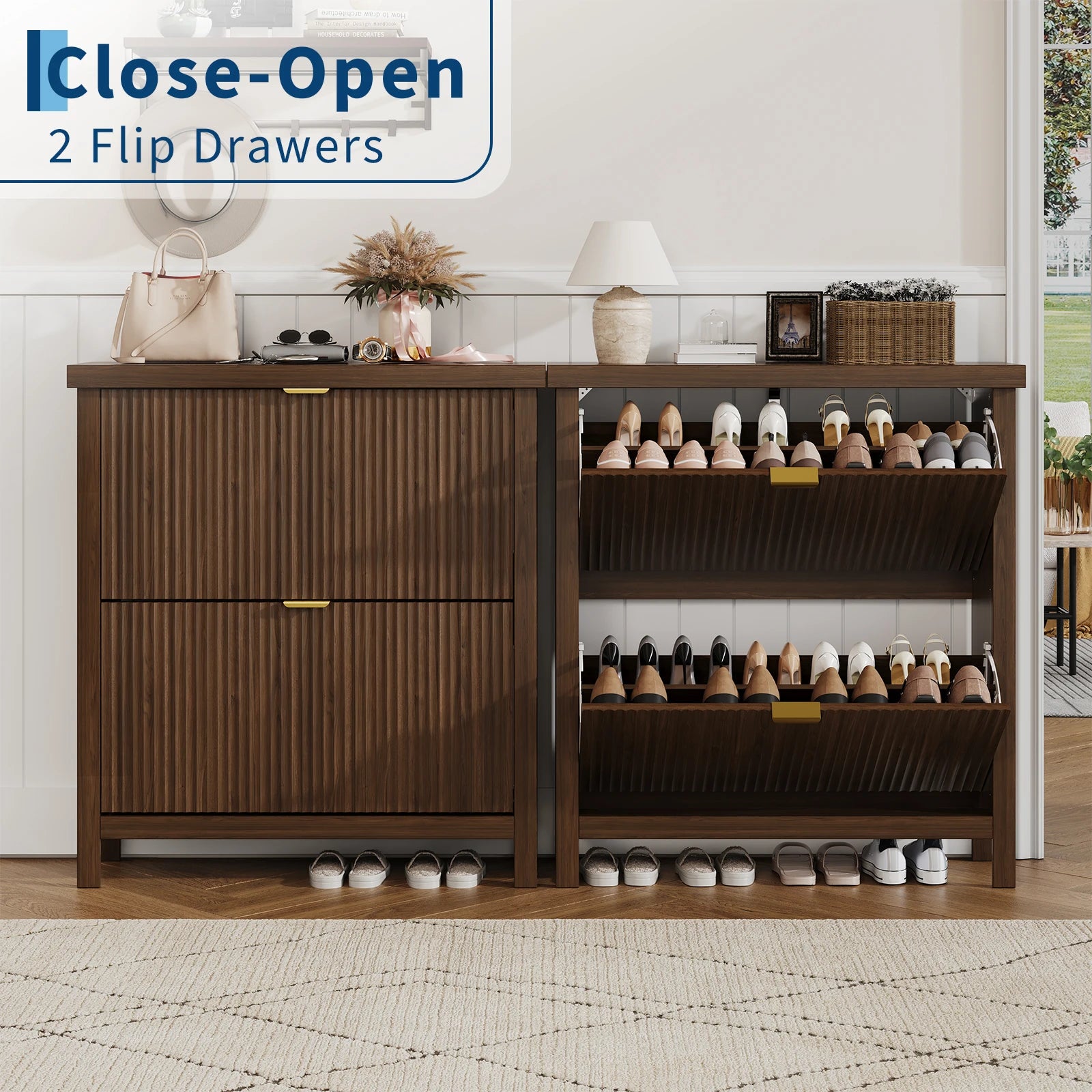 Fluted Shoe Cabinet with 2 Flip Drawers for Entryway,