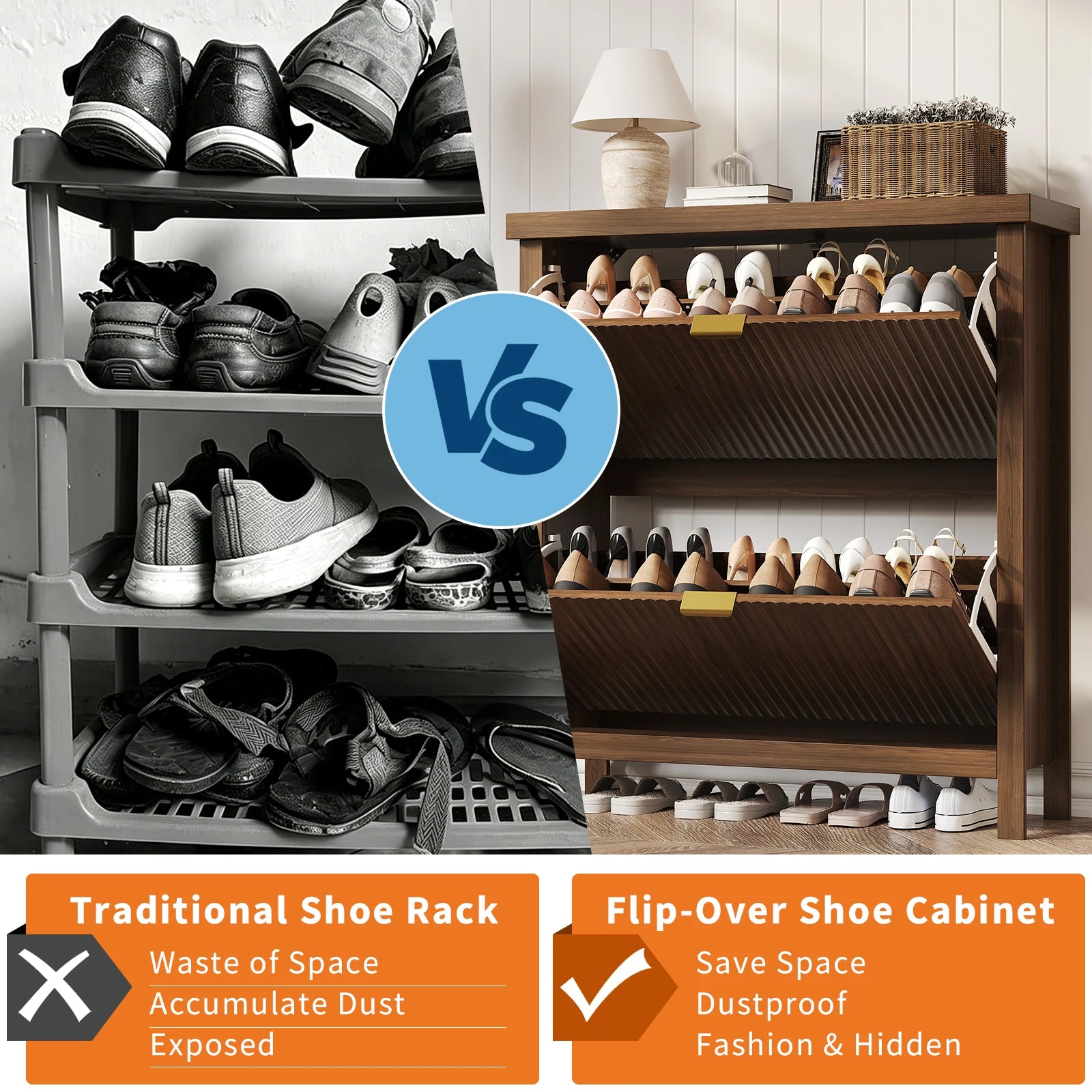 Fluted Shoe Cabinet with 2 Flip Drawers for Entryway,