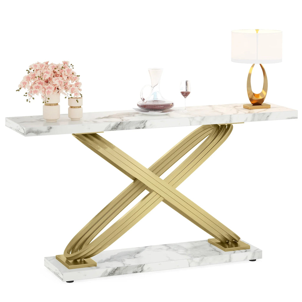 55 Inch Modern Faux Marble & Gold  Console Table,